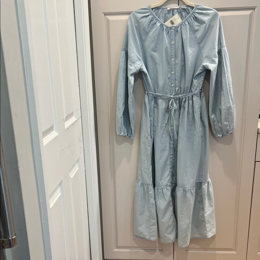 Levi's Pale Blue Button-Front Midi Dress with Tie Waist